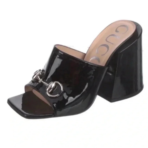 Gucci Lexi 105 Black Patent Leather Horsebit Backless Sandal Mule Block Heel - Picture 4 of 7